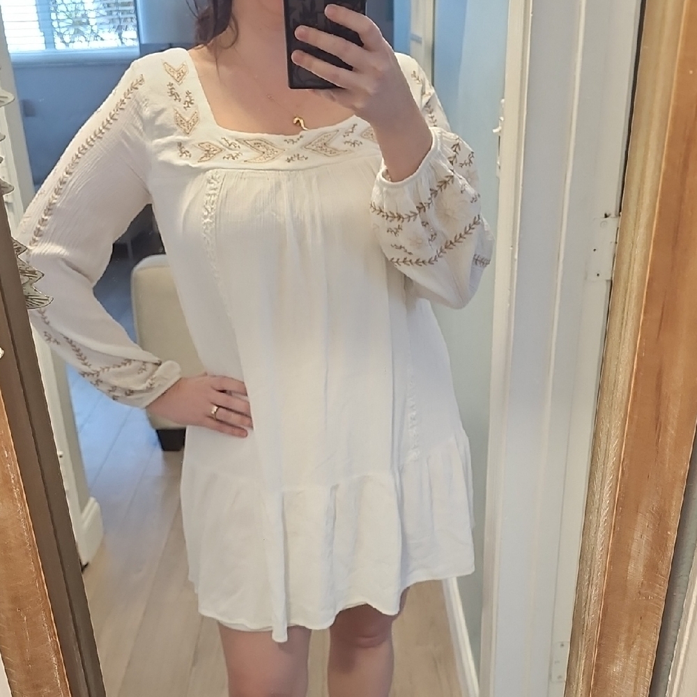 Boho Embroidered White Peasant Dress